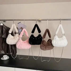 Chic faux fur shoulder bags in five colors with metal chain straps for autumn winter fashion