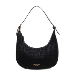 Chic black leopard print hobo shoulder bag with adjustable strap and golden logo