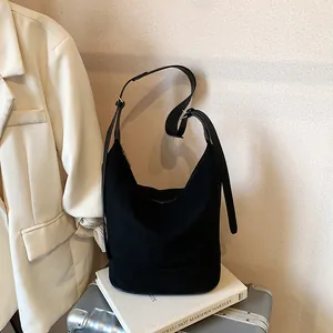 Women Retro Faux Suede Bucket Bag Large Capacity Hobo Shoulder Crossbody Bag Minimalist Street Style Commute Handbag