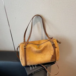Vintage Suede PU Boston Bag For Women Large Capacity Bowling Bag Retro Shoulder Tote Bag Dual Handles Adjustable Strap