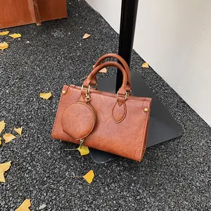 Retro brown square shoulder bag with mini coin purse charm and autumn ginkgo leaves