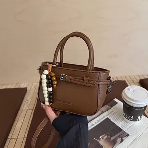 Women Minimalist Korean Style PU Leather Shoulder Bag With Wooden Bead Pendant Fashion Commuter Handbag Crossbody Bag