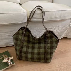 Sac Cabas Vintage à Carreaux Léopard pour Femmes Grande Capacité Tissu en Laine Sac à Épaule Avec Pendentif Lapin Dessin Animé
