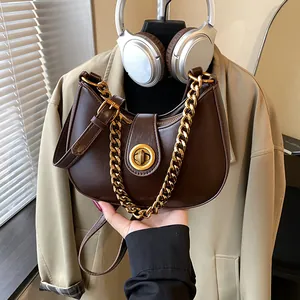 Vintage PU Leather Half Moon Hobo Bag For Women Minimalist Solid Color Shoulder Bag With Gold Metal Chain Underarm Bag