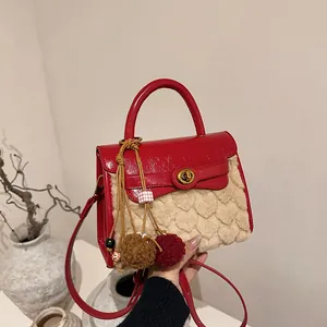 Women Vintage Spliced Faux Fur PU Leather Handbag Heart Pattern Small Square Bag With Pompom Charm Crossbody Bag