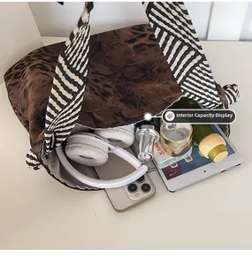 Internal view of the leopard print tote bag showing large capacity for essentials