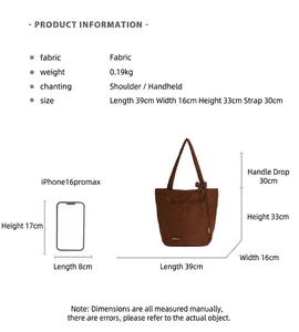 Detailed size chart of dark brown canvas tote bag with iPhone 16 Pro Max comparison