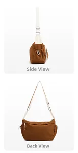 Detail view of brown nylon crossbody bag with side pocket and adjustable white strap