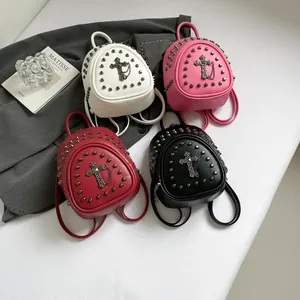 Mini PU leather backpacks with metal studs and cross pendant in four trendy colors