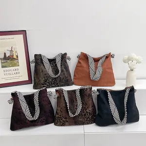 Retro canvas tote bag set with animal prints and striped knot handles in five colors