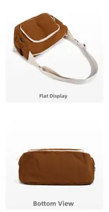 Detailed bottom and flat view of large brown nylon messenger bag with white straps
