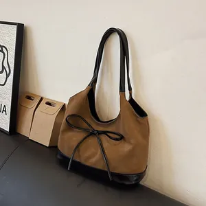 Women Retro Suede Shoulder Bag Bow Decor Contrast Color Underarm Bucket Bag Faux Leather Splicing Commuter Handbag Tote