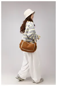Detail of a large brown nylon messenger bag with white strap worn by a model