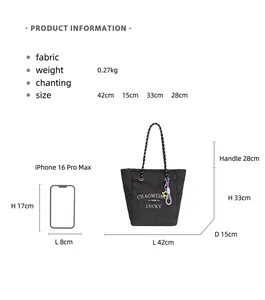 Detailed size guide for large canvas tote bag with 42x15x33cm dimensions and weight info