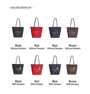 Detail view of large plaid canvas tote bags in black, red, blue, and coffee colors