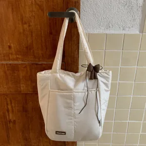 Quilted Puffy Tote Bag For Women Large Capacity Shoulder Bag With Bow Pendant Casual Fabric Handbag For School Travel Commute