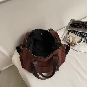 Vintage large dark brown suede tote bag for women with leather handles and top zipper