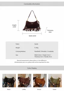 Detail specifications of suede tassel crossbody bag showing size 24x13x6cm and four colors