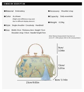 Size chart showing embroidery bag dimensions with metal handles and pearl strap details