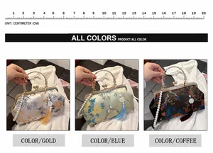 Detailed comparison of embroidered silk handbags in gold, blue, and brown with scale