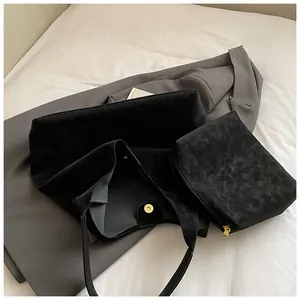 Ensemble sac cabas rétro noir mat grande capacité avec pochette zippée assortie