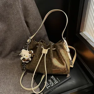 Leopard Print Canvas Bucket Bag For Women Fashion Drawstring Shoulder Crossbody Bag With Butterfly Decor Retro Commute Handbag