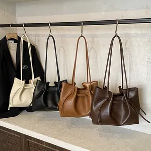 Large capacity vintage tote bags for women in four neutral colors with side drawstrings