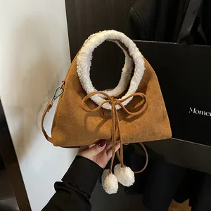 Vintage Suede Bucket Bag For Women Faux Fur Trim Handheld Crossbody Bag With Plush Balls Bow Drawstring Daily Fashion Purse