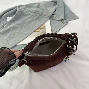 Retro dark brown frosted leather handbag with woven handle and colorful bead charm