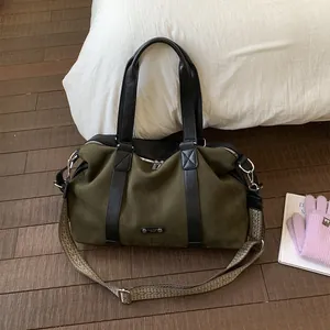 Women's Retro Faux Suede PU Leather Tote Bag Large Capacity Shoulder Bag With Patterned Wide Strap Zippered Travel Handbag