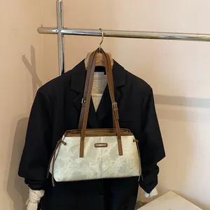 Vintage Faux Leather Underarm Bag For Women Retro Marble Texture Shoulder Bag With Bear Keychain Commuting Daily Tote Bag