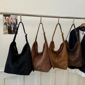 Minimalist large suede tote bags in black, brown, khaki, and leopard print colors