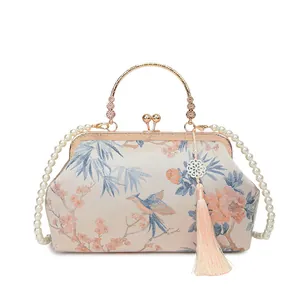 Elegant New Chinese Qipao handbag with floral jacquard, pearl chain and metal ring handle
