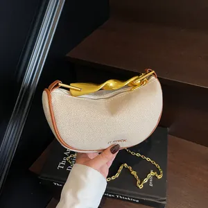 Women Fashion Canvas Half Moon Bag With Twist Metal Handle Chain Strap Minimalist Dumpling Bag For Daily Shoulder Bag