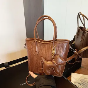 Korean Style PU Leather Woven Texture Tote Bag Women Vintage Handbag With Puppy Charm Adjustable Strap Daily Travel Bag