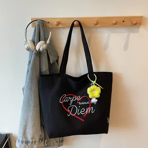 Große Canvas Tote Bag Für Damen Mode Besticktes Herz Carpe Diem Schultertasche Mit Blumenanhänger Täglich Schultasche