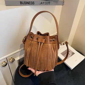 Vintage Women PU Leather Tassel Bucket Bag Bohemian Drawstring Shoulder Bag Fringed Crossbody Bag For Everyday Casual Use
