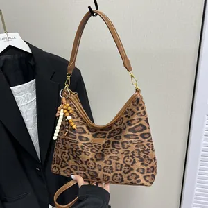 Leopard print hobo shoulder bag in brown suede texture with beaded charm for women