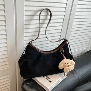 Damen Wildleder Schultertasche Große Kapazität Achseltasche Frosted Vintage Lässig Tote Bag Mit Süßem Plüsch Hund Anhänger