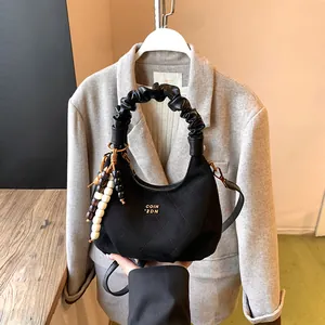 Women Quilted Suede Half Moon Shoulder Bag Ruched Handle Beaded Pendant Retro Crossbody Purse Casual Commuter Dumpling Bag