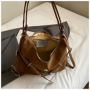 Retro brown faux leather large tote bag with silver chain and chic strap details