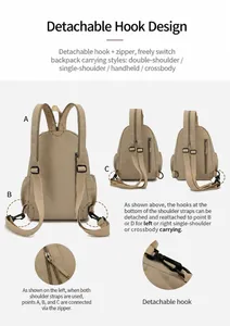 Detail of khaki multi-way backpack showing detachable hooks and convertible strap system
