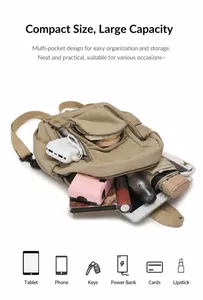 Detail showing high-capacity khaki nylon backpack with laptop, umbrella and daily items