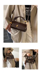 Detail of dark brown glossy shoulder bag with golden metallic lock and chic fringe tassel