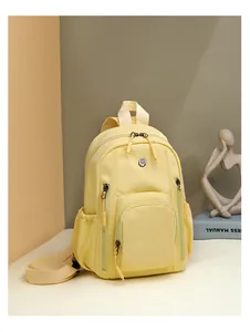 Detail view of water-resistant nylon backpack with multi-pocket and reinforced handle