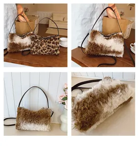 Détail du sac à main en peluche léopard avec fourrure synthétique et bandoulière en cuir