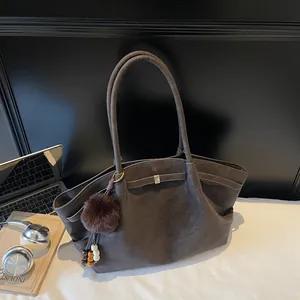 Retro faux suede tote bag in dark coffee with plush ball charm and large capacity
