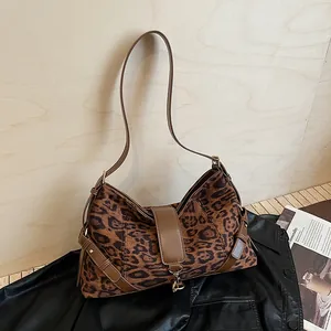 Grand Sac Fourre-Tout Vintage Imprimé Léopard En Daim Pour Femme Sac À Bandoulière Rétro Finitions En Similicuir Travail Quotidien