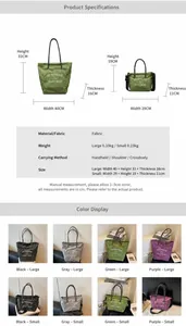 Size guide for minimalist canvas tote bags showing dimensions for large and small versions