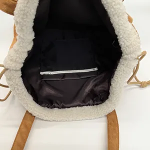 Vintage large capacity tote bag with sherpa trim and brown suede for winter commuting